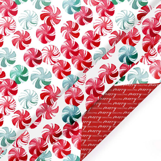 30" X 10' Reversible Holiday Wrapping Paper | Watercolor Peppermints/Merry Christmas On Red