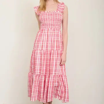 Plaid Smocked Ruffle Strap Tiered Midi Dress