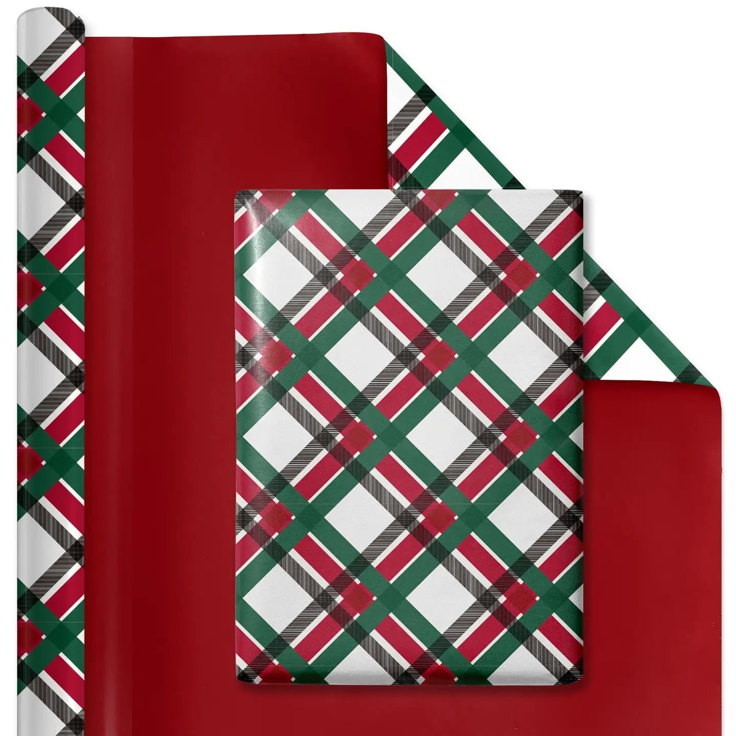 30" X 10' Reversible Holiday Wrapping Paper | Vintage Diagonal Plaid/Red Metallic