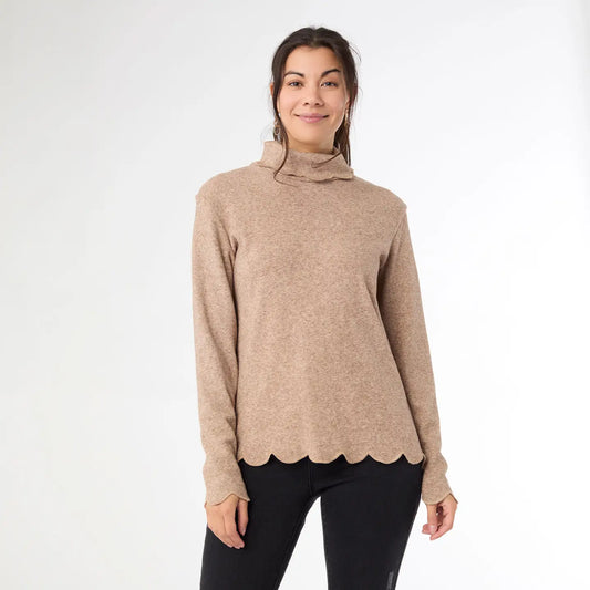Ariana Turtleneck Top with Scalloped Trim, Asst