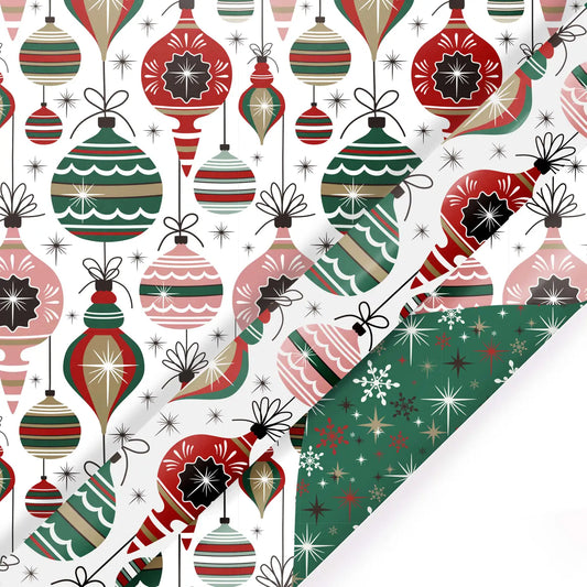 30" X 10' Reversible Holiday Wrapping Paper | Retro Ornaments/Retro Snowflakes and Stars