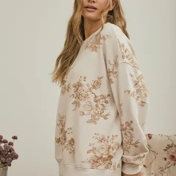 Floral Toile Long Sleeve Crew Neck Knit Top