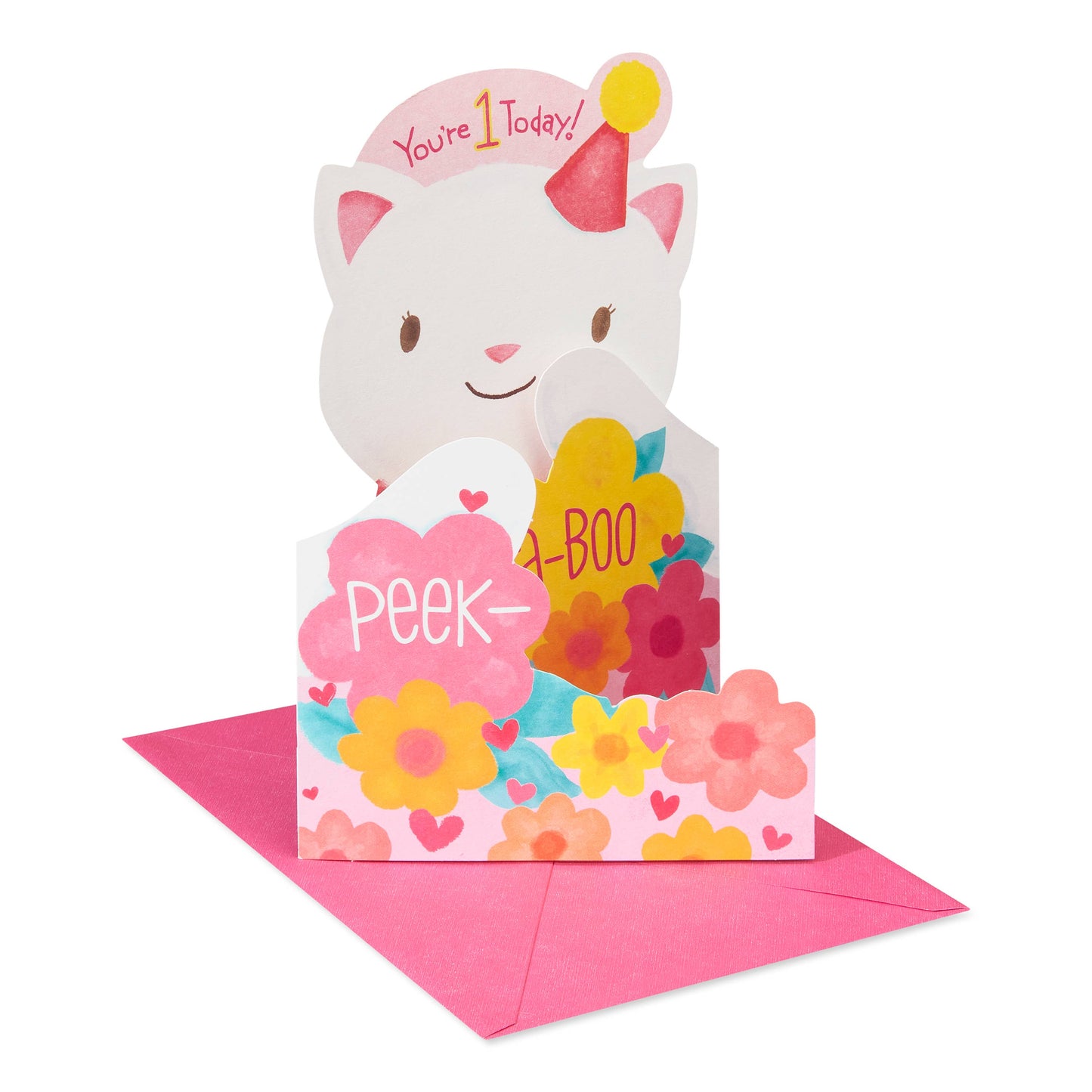 1st Birthday Card for Baby Girl (Peek-a-Boo Kitty)
