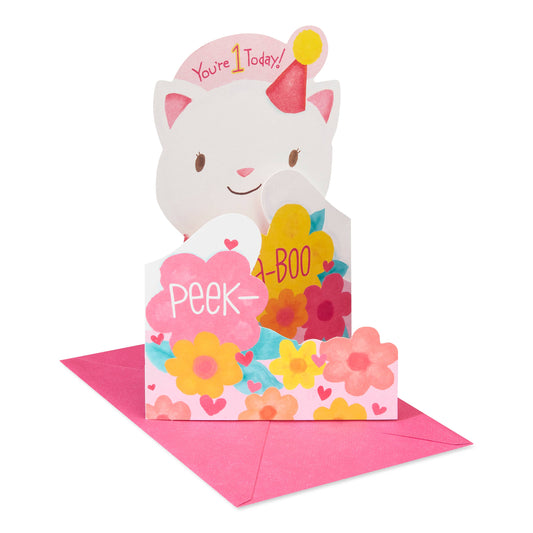 1st Birthday Card for Baby Girl (Peek-a-Boo Kitty)