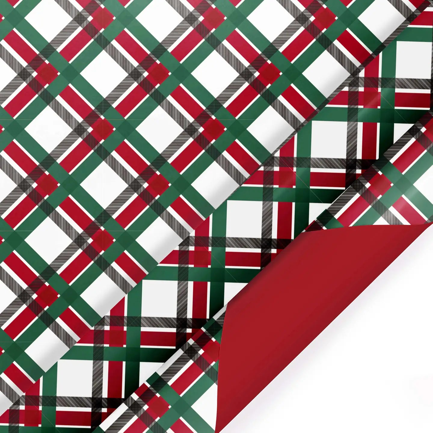 30" X 10' Reversible Holiday Wrapping Paper | Vintage Diagonal Plaid/Red Metallic