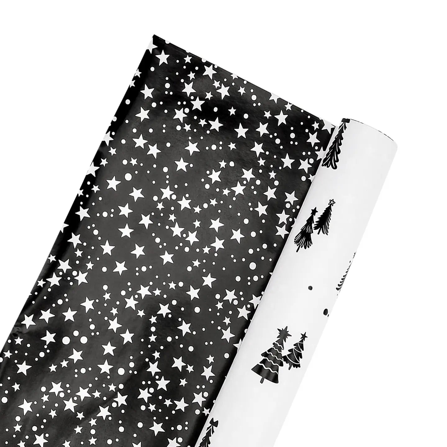 30" X 10' Holiday Reversible Wrapping Paper | Black and White Winter Trees/White Stars On Black