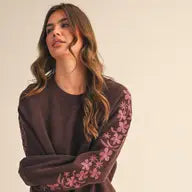 Pullover Sweater with Floral Embroidered Sleeves