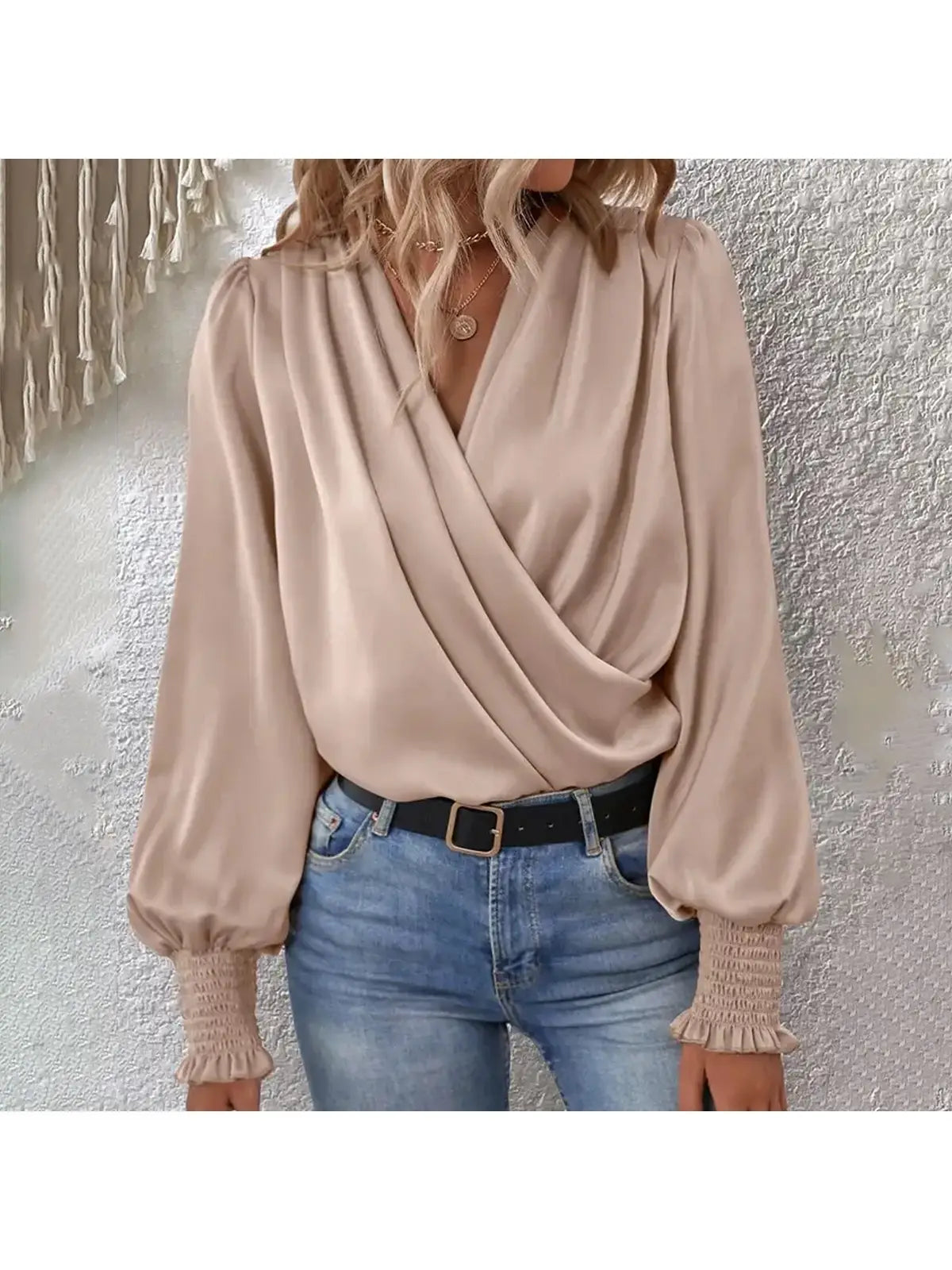 Cross Wrap Ribbed Sleeve Blouse
