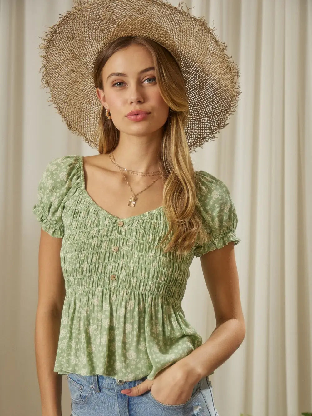 Floral Printed Smocked  Top