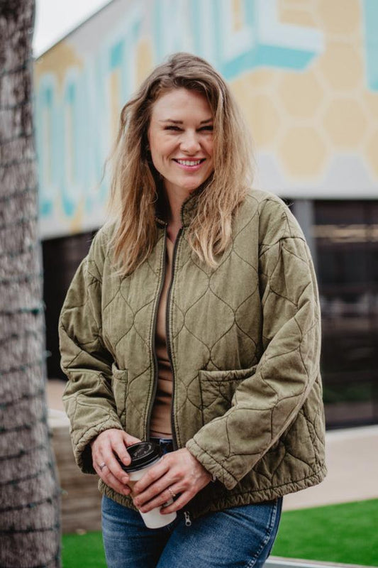 Olive Garment Washed Quilted Jacket