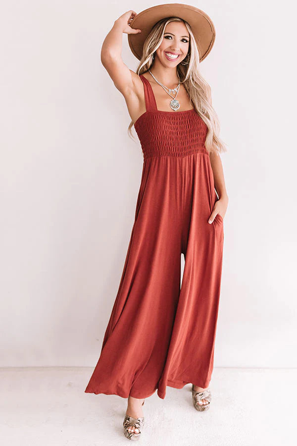 Solid Color Smocked Cami Jumpsuit