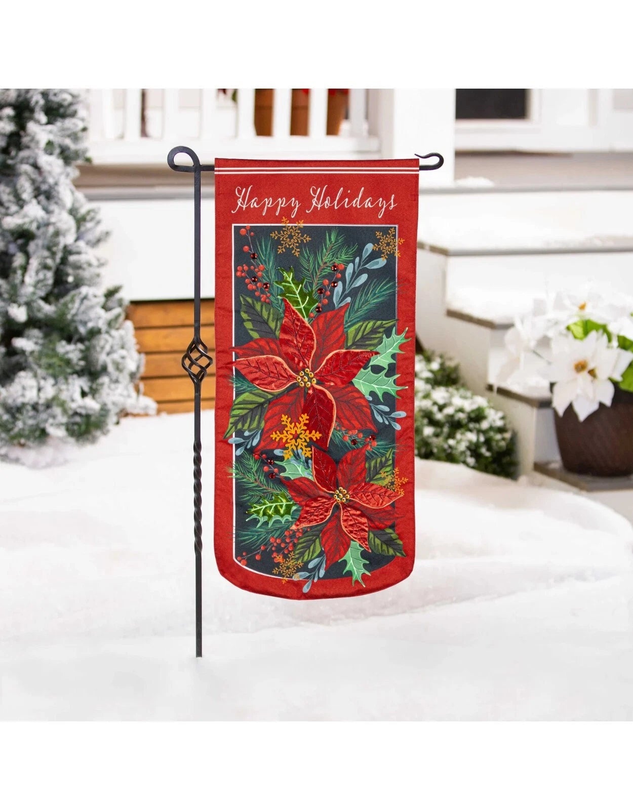 Happy Holidays Poinsettia Garden Everlasting Impressions Flag