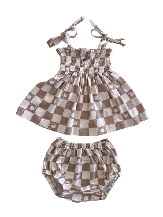 Smocked Set, Tan Sun Checkerboard Dress