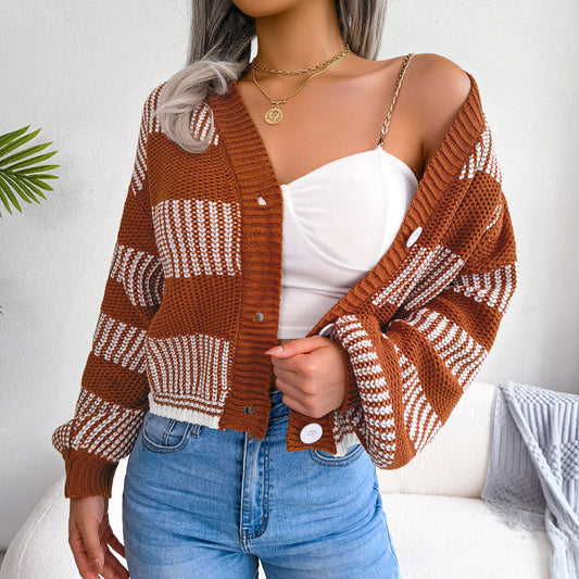Contrast Striped Balloon Sleeve Cardigan