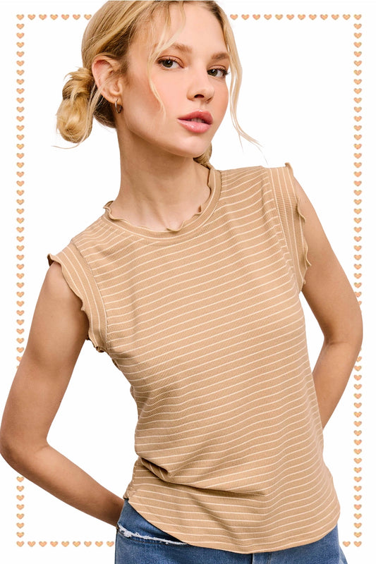Stretchy Brushed Ruffle Sleeve Stripe Tank Top
