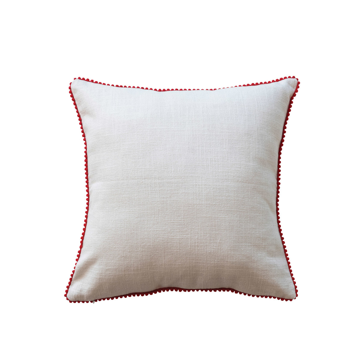 16" Square Cotton Slub Pillow w/ Tufting & Pom Pom Trim "holly jolly", Multi Color