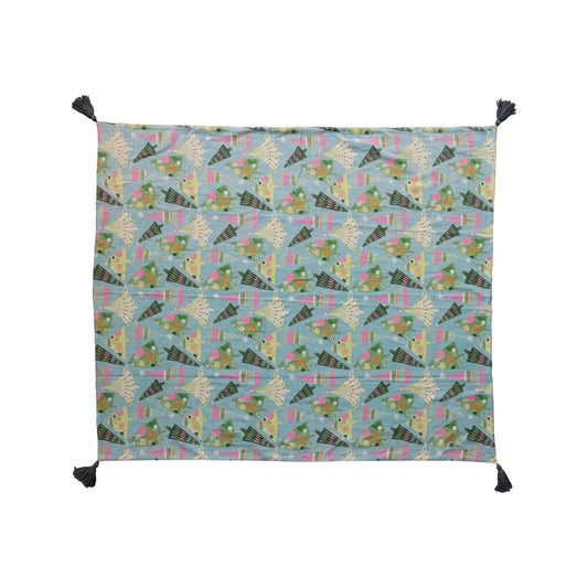 Cotton Slub Printed Throw w/ Christmas Trees Pattern & Tassels, Multi Color