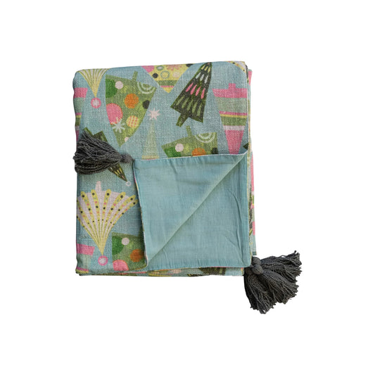 Cotton Slub Printed Throw w/ Christmas Trees Pattern & Tassels, Multi Color