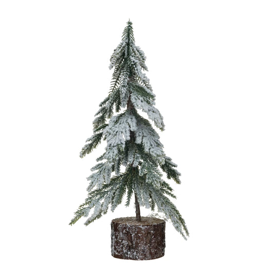 Faux Fir Tree w/ Wood Base, Snow Finish