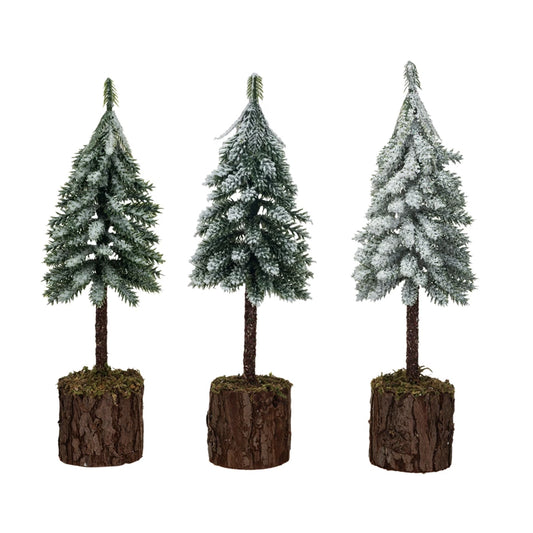 Faux Fir Tree w/ Wood & Moss Base, Snow/Frost Finish