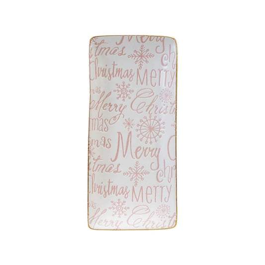 Stoneware Tray with Gold Color Rim "Merry Christmas", Pink & White