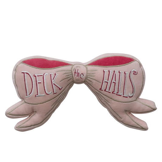Velvet Bow Shaped Pillow with Hand-Embroidered "Deck The Halls"