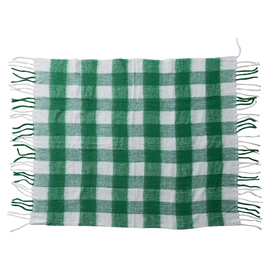 Woven Acrylic Throw with Fringe, Green & White Plaid