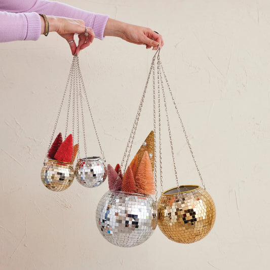 Hanging Mirrored Glass Mosaic Ball Planter, Silver Finish