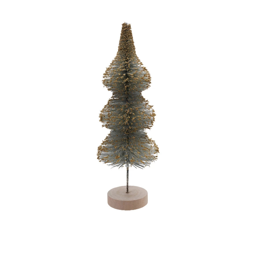 Sisal Bottle Brush Tree with Gold Glitter & Wood Base