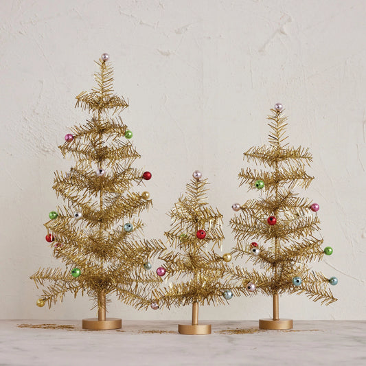 Tinsel Tree with Multi Color Ball Ornaments, Gold Finish