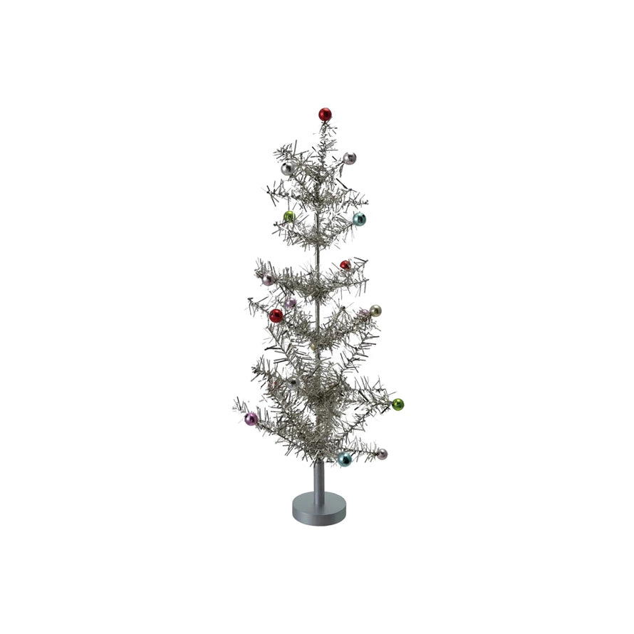 Tinsel Tree with Multi Color Ball Ornaments, Silver Finish