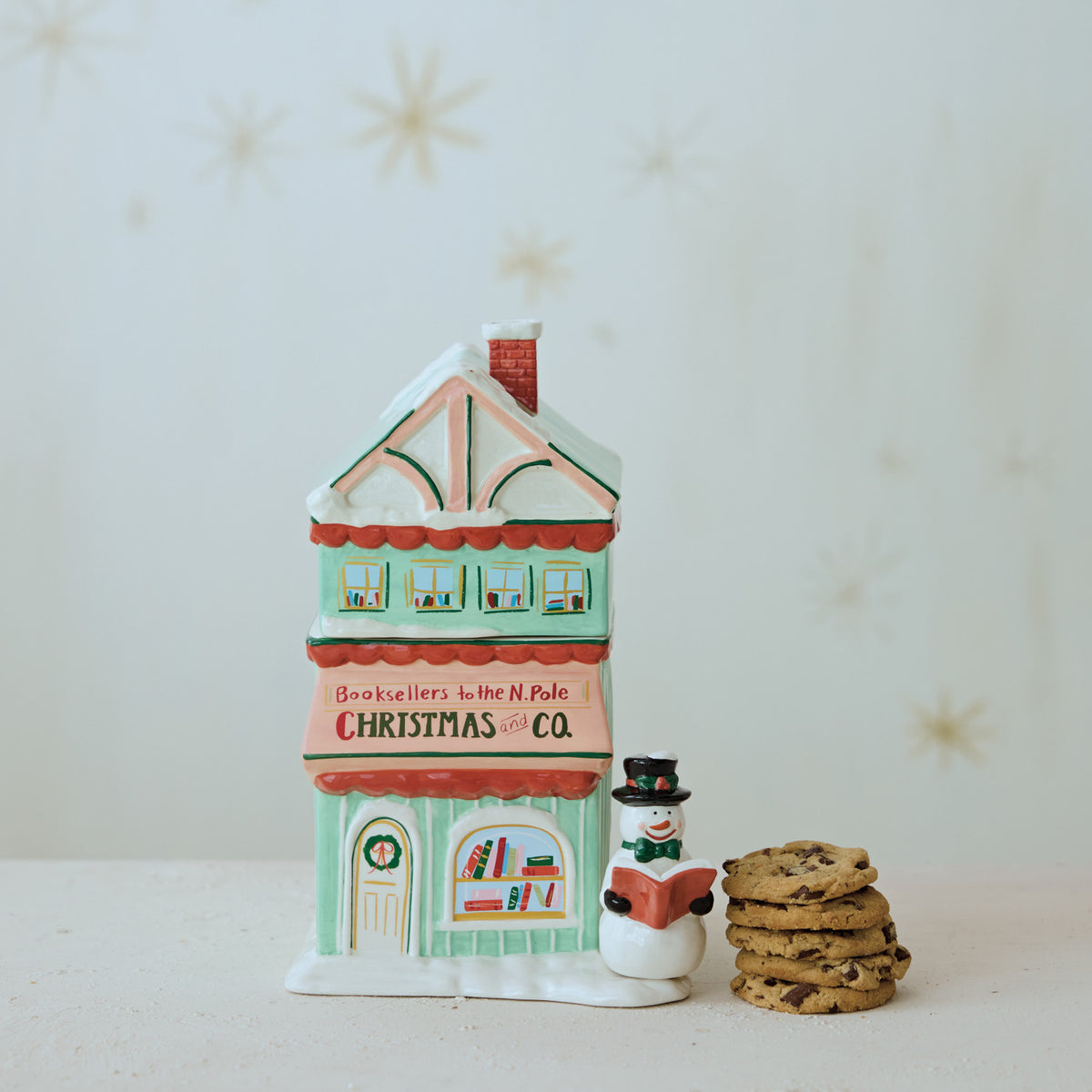 Hand-Painted Ceramic Bookstore Shaped Cookie Jar with Snowman "Christmas and Co."